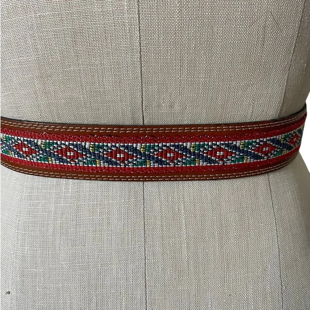 Vintage Kenzo Paris Embroidered Woven Brown Leather Belt Size 70cm/ Small